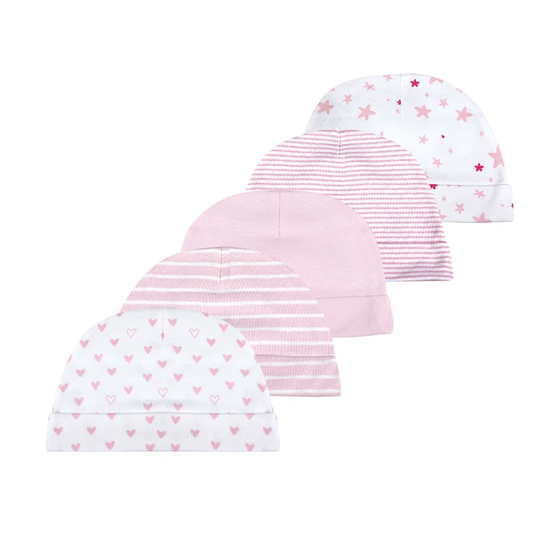 A collection of pink and white striped knit baby hats featuring cartoon stars and hearts.