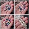 Three sets of colorful imitation pearl beads in sizes 4mm, 6mm, and 8mm displayed on hands.