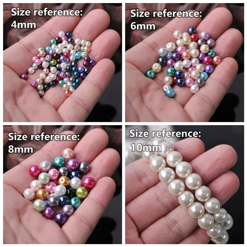 Three sets of colorful imitation pearl beads in sizes 4mm, 6mm, and 8mm displayed on hands.