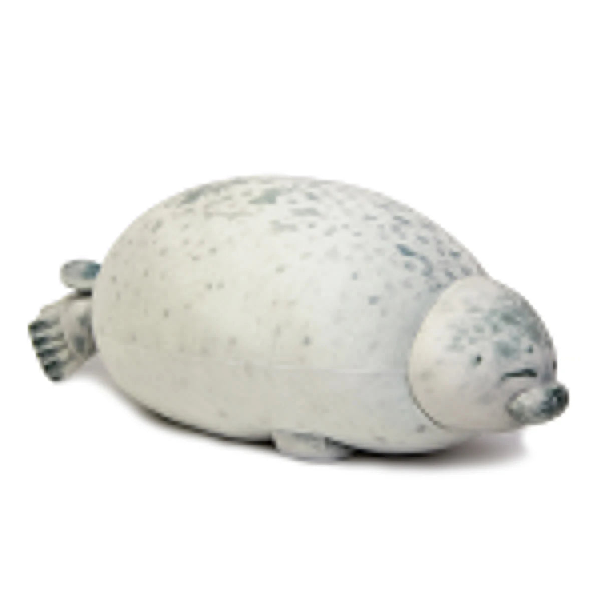 A light gray seal plush toy with a rounded body and soft features.