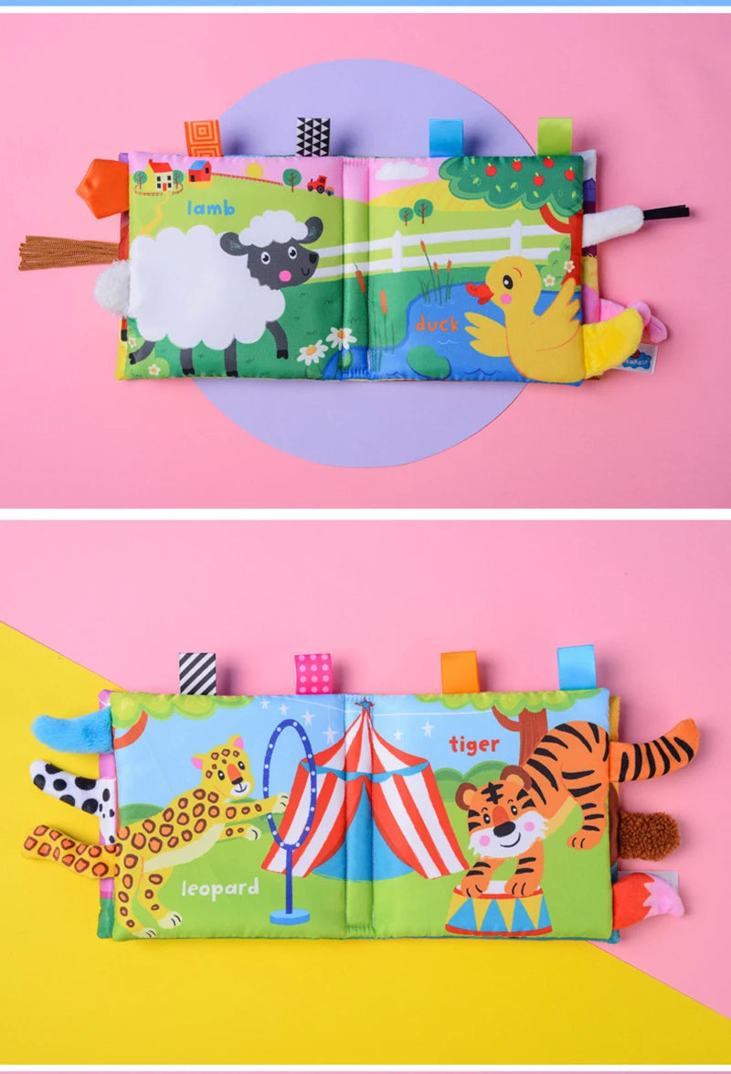 A colorful cloth book featuring various animal characters like a lamb, duck, and tiger for baby sensory development.