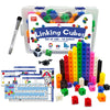 A set of linking cubes in various colors and shapes for Montessori math and counting blocks.