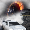 A white Mini RC drift car is shown with a hood open, surrounded by smoke and an orange throttle curve graphic.