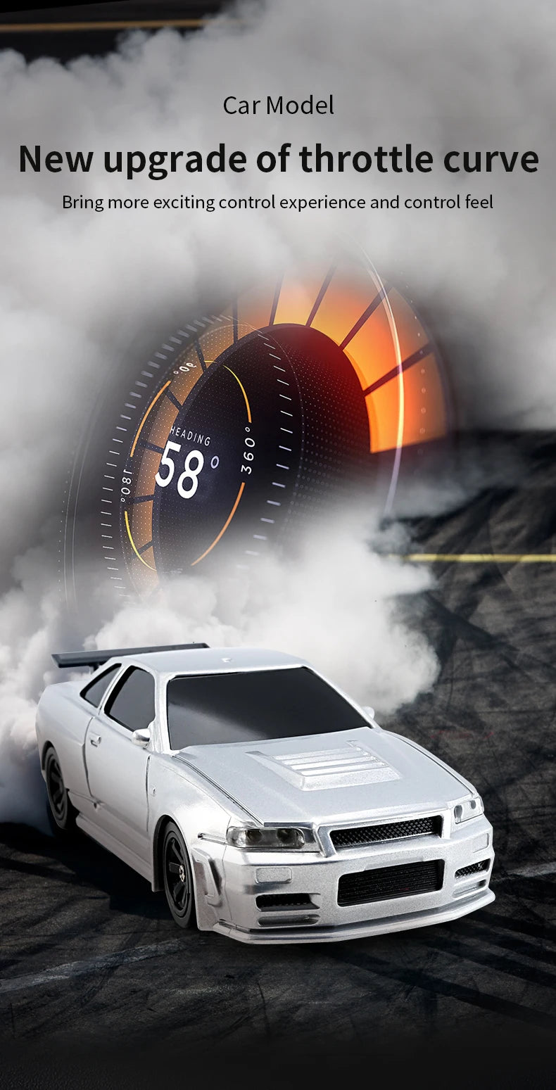 A white Mini RC drift car is shown with a hood open, surrounded by smoke and an orange throttle curve graphic.
