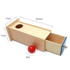 A wooden sensory toy set featuring a rectangular box with a hole and an attached tray, used for toddler play.
