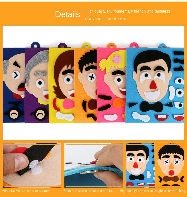 A set of colorful puzzle cards featuring various facial expressions for a Montessori game.