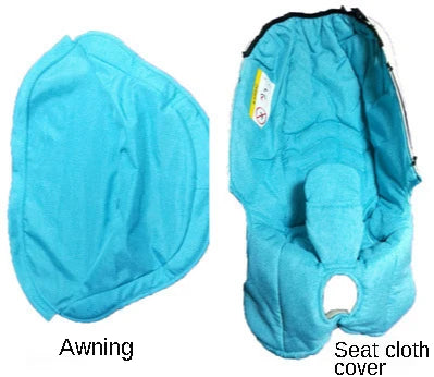 A light blue awning and a matching seat cloth cover for a stroller.