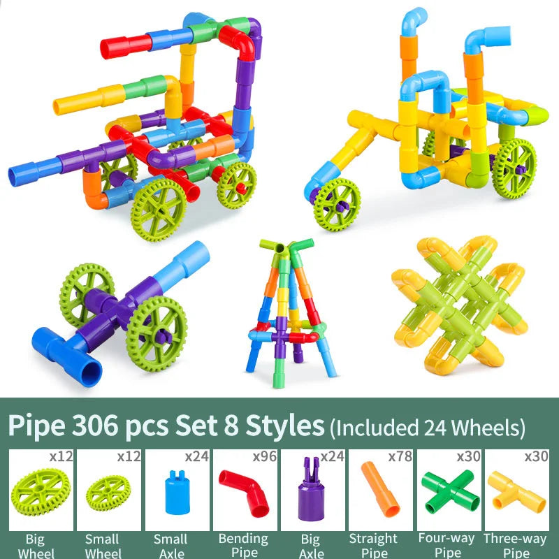 Set of 8 styles of pipe building blocks for Montessori activities, including various colors and sizes.