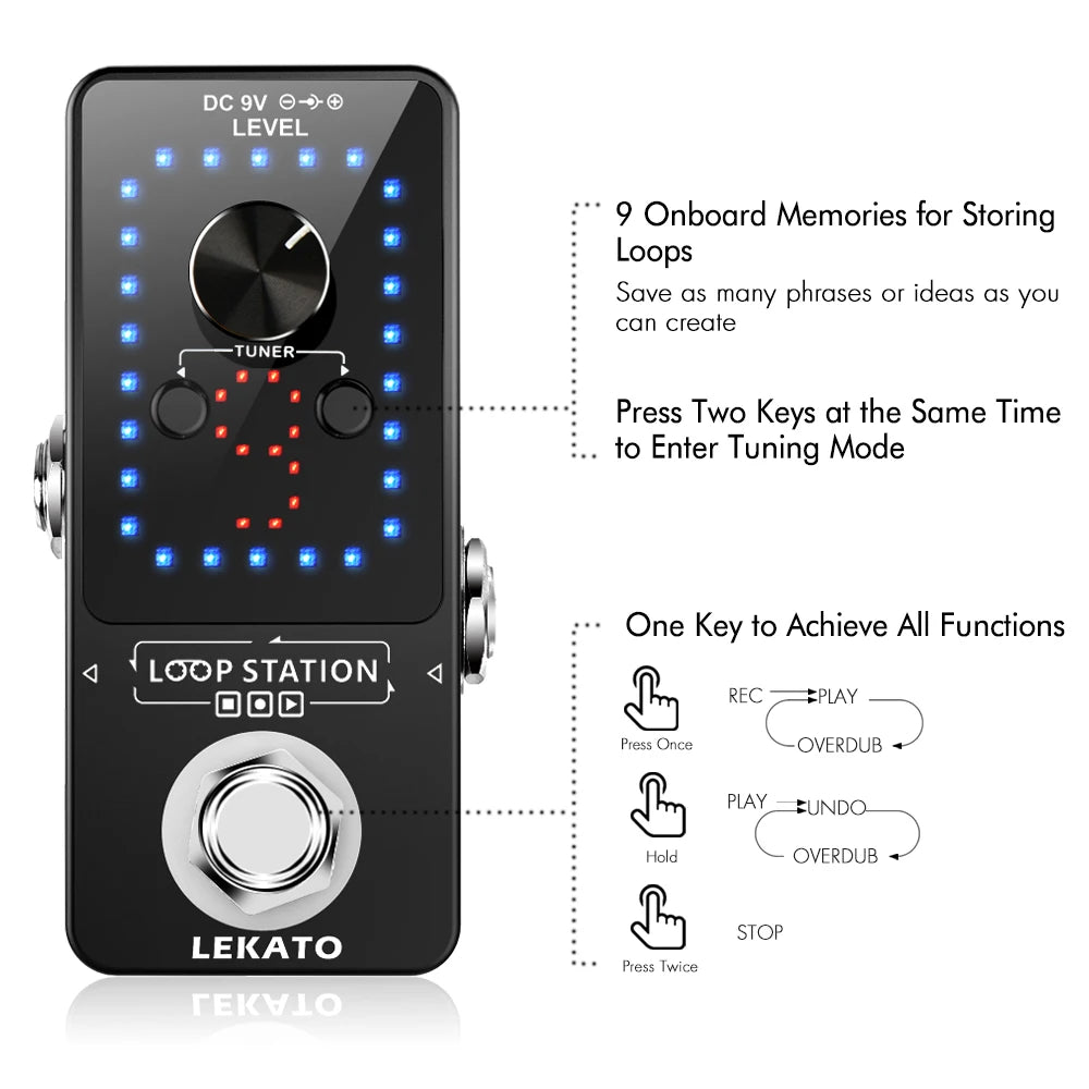 A black LEKATO looper pedal with a tuner and various control buttons for storing and playing guitar loops.