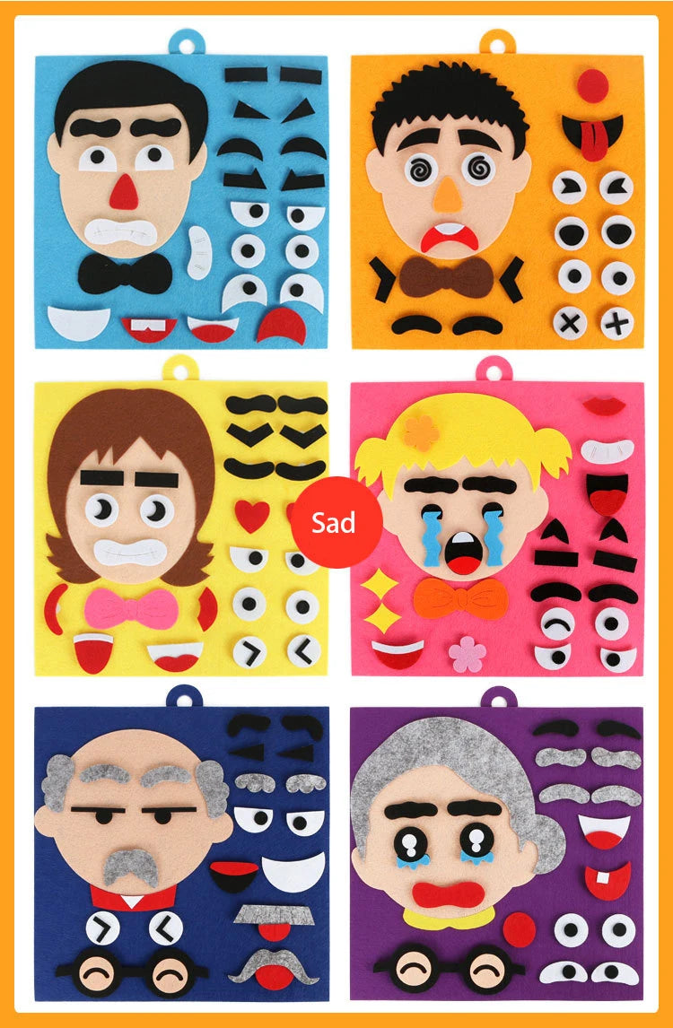 A set of puzzle cards depicting various facial expressions, including sad, surprised, and angry faces for children.
