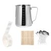 A complete candle making kit including a metal pouring pot, wooden wicks, and a fixator tool.