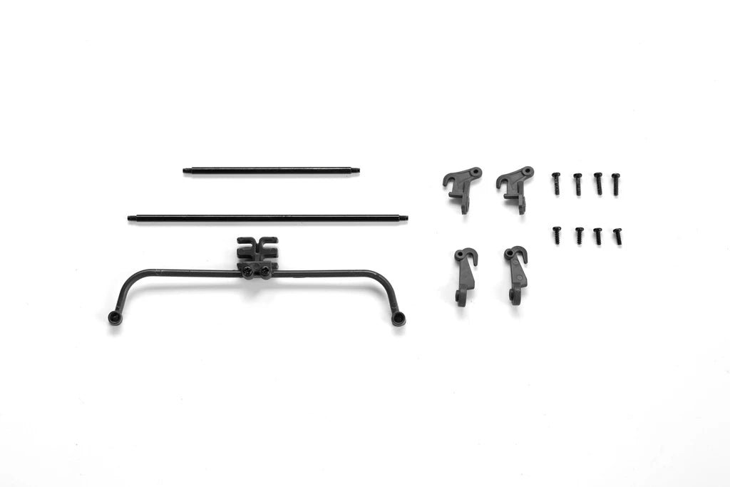A set of 1:12 scale RC car steering wheel and interior upgrade parts including rods, brackets, and screws.