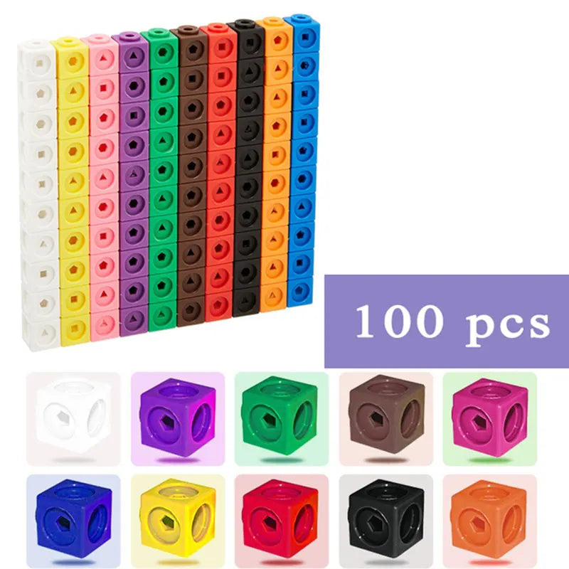 A collection of 100 colorful link cubes in various colors including yellow, pink, green, blue, and black.