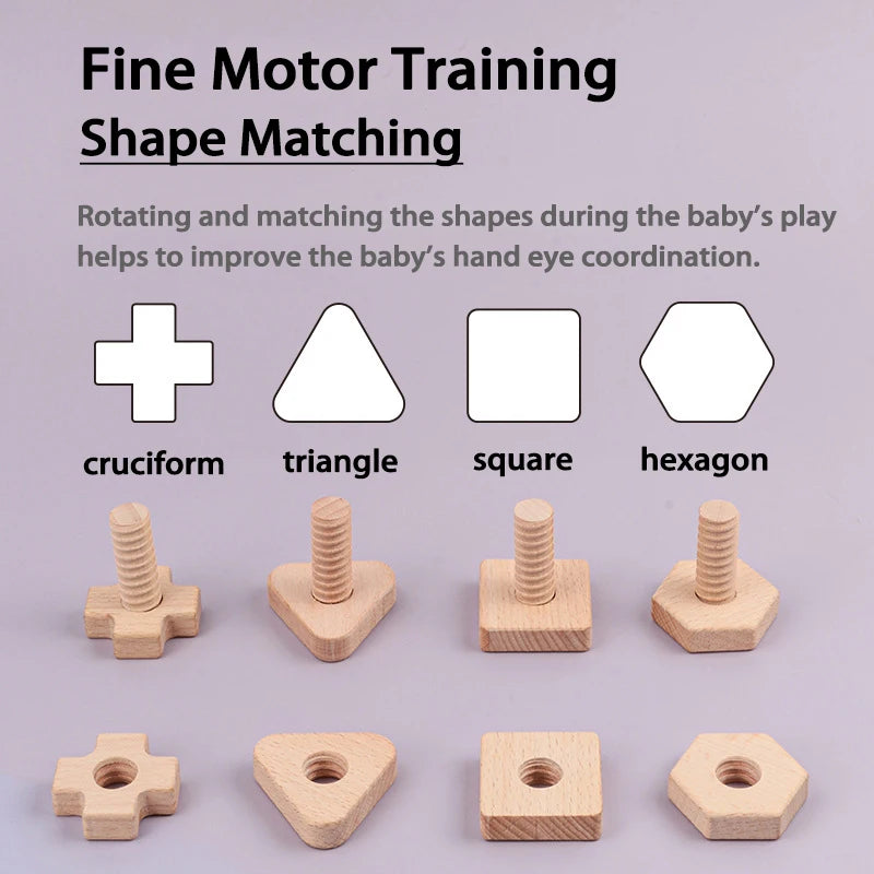 Wooden shape matching blocks including cruciform, triangle, square, hexagon, and corresponding screws and nuts.