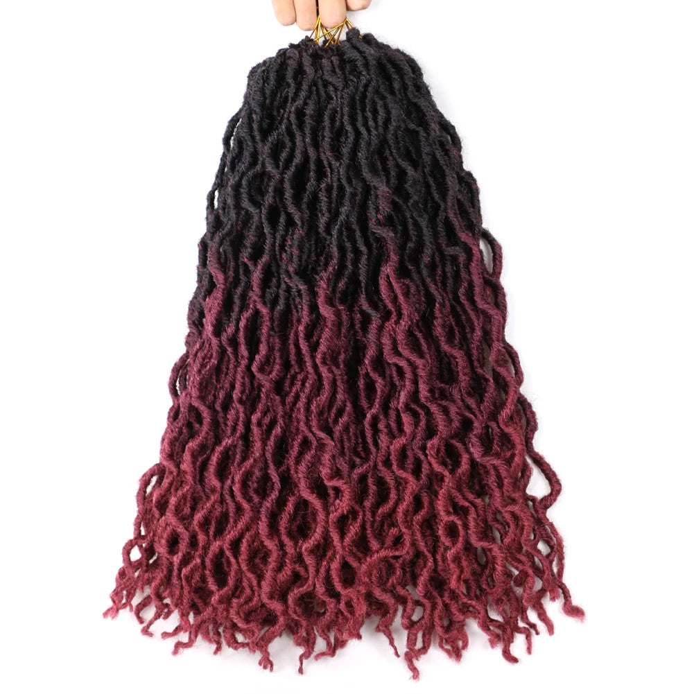A bundle of dark red and black crochet hair extensions featuring soft curly ombre dreadlocks