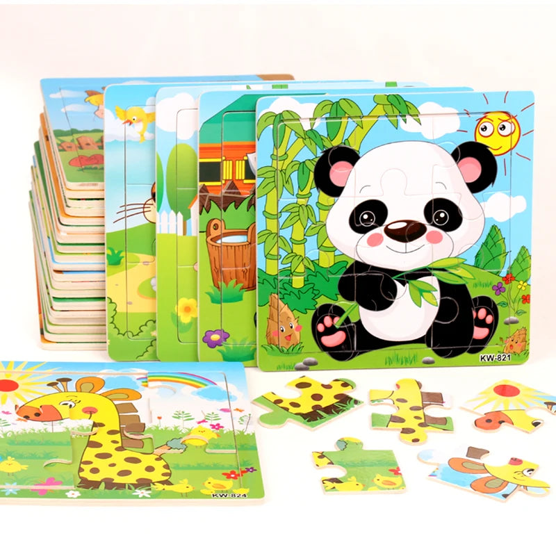 A set of wooden kids learning puzzles featuring animals like a panda and a giraffe.
