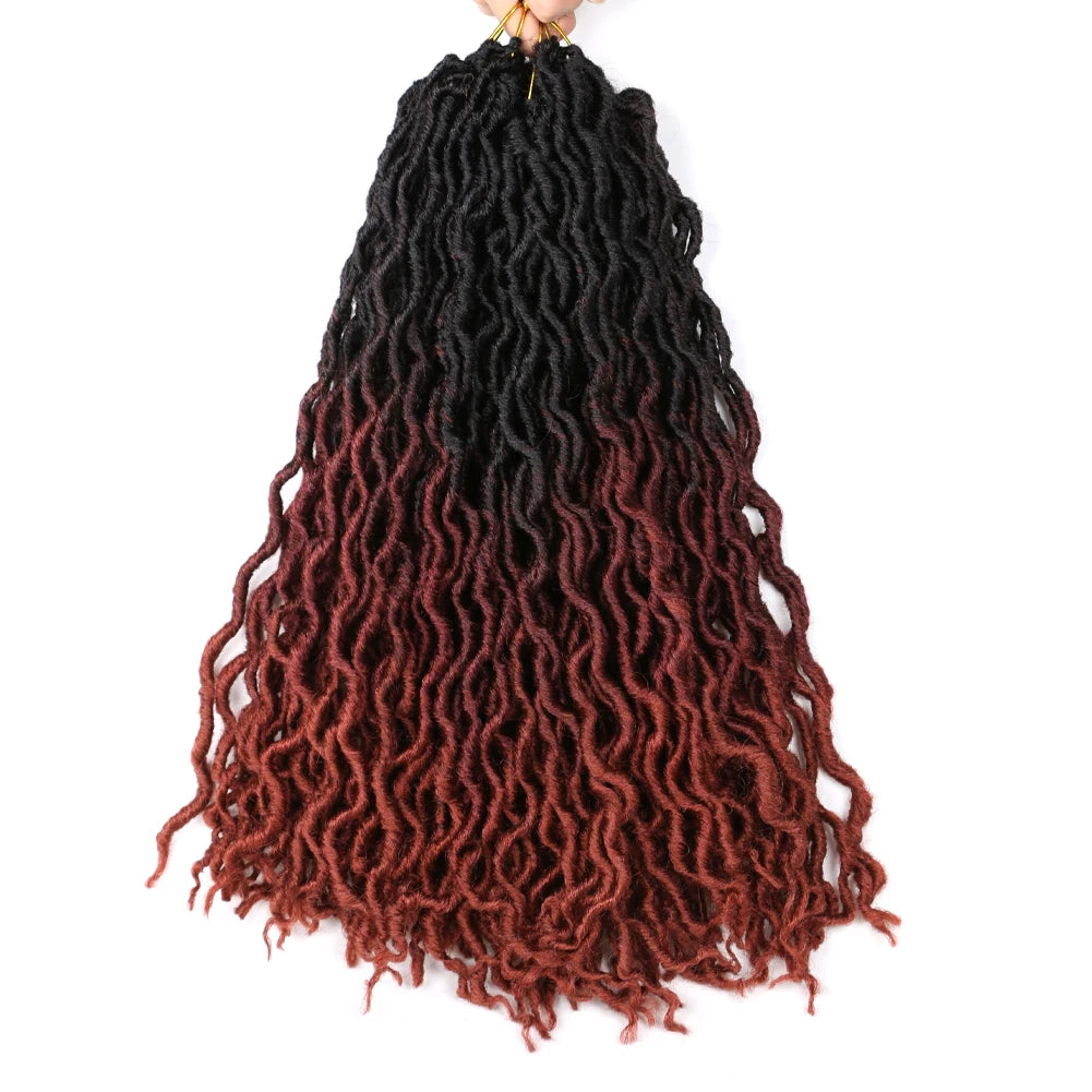 A bundle of dark brown and reddish-brown crochet hair extensions with soft curly ombre dreadlocks