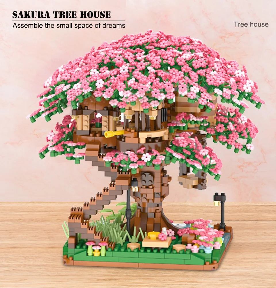 A detailed building block set of a Sakura tree house featuring pink flowers and wooden structures.