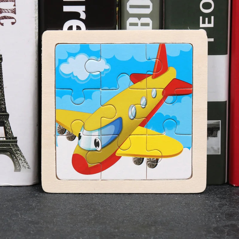 A wooden tangram puzzle featuring a yellow and red airplane design against a blue sky with white clouds.
