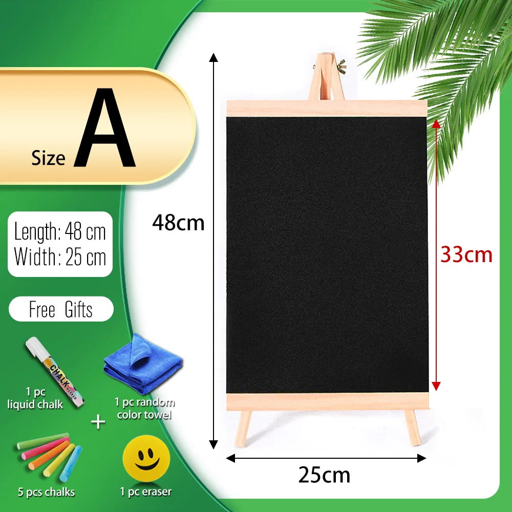 A mini wooden chalkboard easel with a black board, featuring various chalks and an eraser.