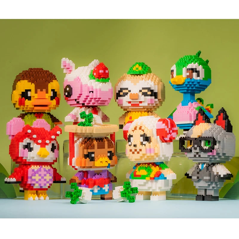 A collection of colorful animal-themed building blocks featuring various characters like a lion, a pink creature, and a green