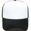 A black and white trucker hat with a white front panel and black mesh sides.