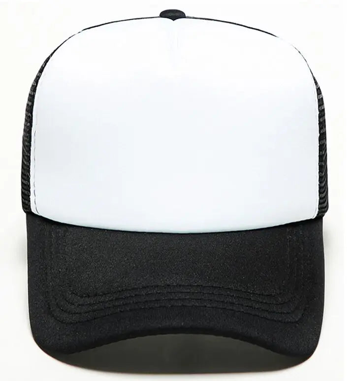 A black and white trucker hat with a white front panel and black mesh sides.
