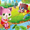 A colorful illustration of a pink and white cartoon cat character playing with a fishing rod in a green outdoor setting.