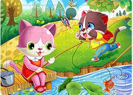 A colorful illustration of a pink and white cartoon cat character playing with a fishing rod in a green outdoor setting.