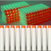 A row of white soft foam dart refills for toy blasters displayed in individual cylindrical packaging.