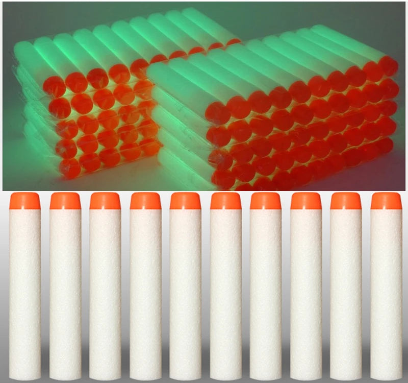 A row of white soft foam dart refills for toy blasters displayed in individual cylindrical packaging.
