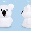 A white koala-shaped LED night light is shown from the front and side, with dimensions provided.