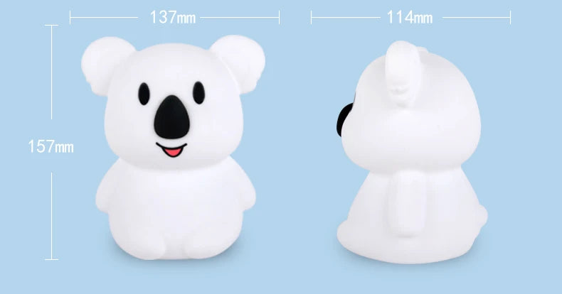 A white koala-shaped LED night light is shown from the front and side, with dimensions provided.