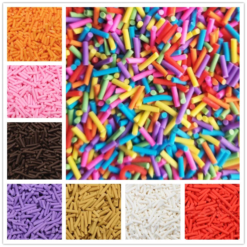 A colorful assortment of soft polymer clay candy sprinkles in various shapes and colors for cake decorating.