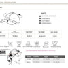 Size information chart for a hat showing measurements like head circumference, peak width, cap height, and visor length.