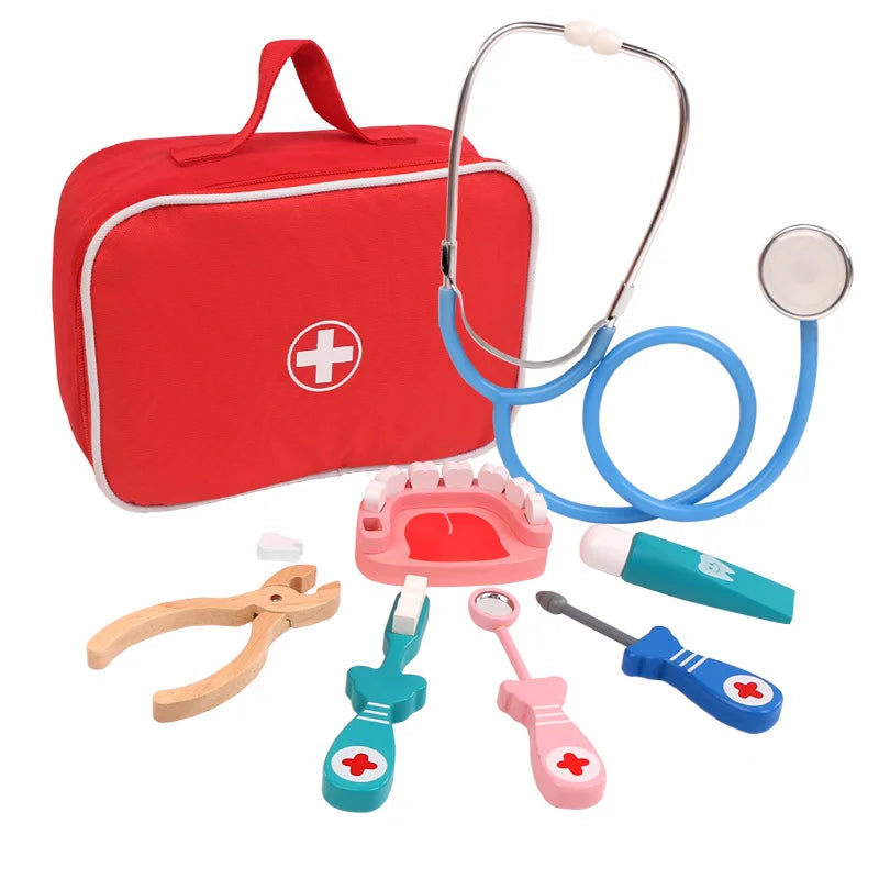 A red medical kit for pretend play featuring a stethoscope, syringe, and various wooden tools.