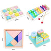 Wooden Montessori sensory blocks and music rattles in various pastel colors and shapes