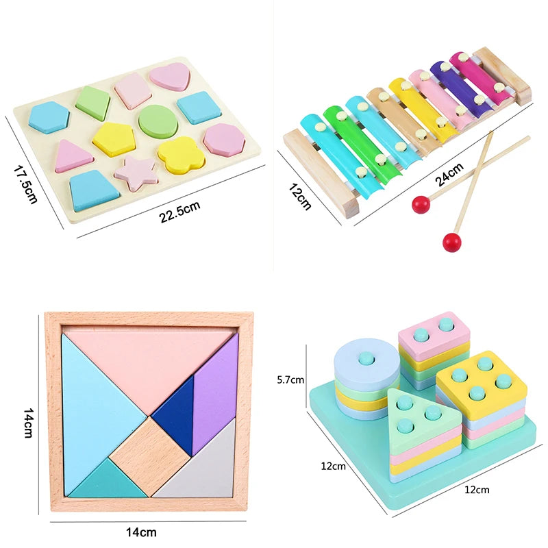 Wooden Montessori sensory blocks and music rattles in various pastel colors and shapes