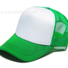 A white and green trucker hat with a mesh back and a green brim is shown in a side view.