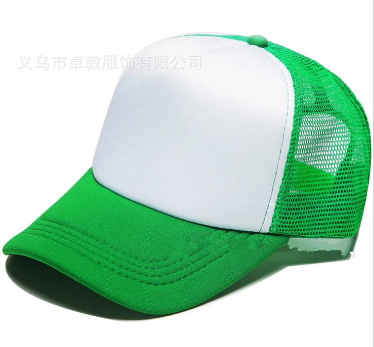 A white and green trucker hat with a mesh back and a green brim is shown in a side view.