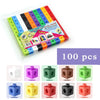 A package of 100 rainbow linking cubes in various colors and shapes for Montessori math learning.