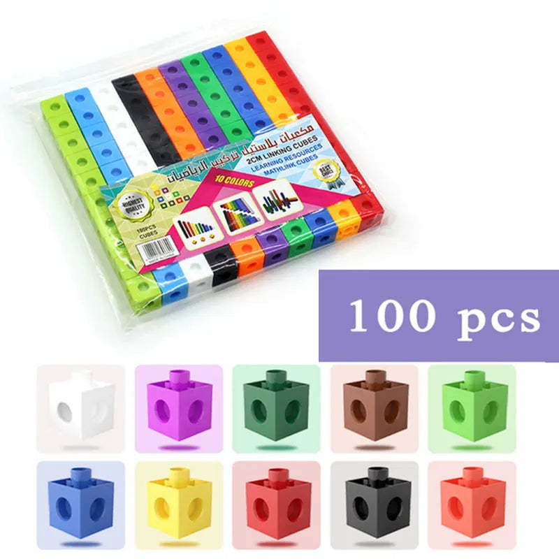A package of 100 rainbow linking cubes in various colors and shapes for Montessori math learning.