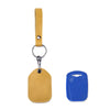 A tan leather key wallet with a hanging loop and a blue plastic card holder.