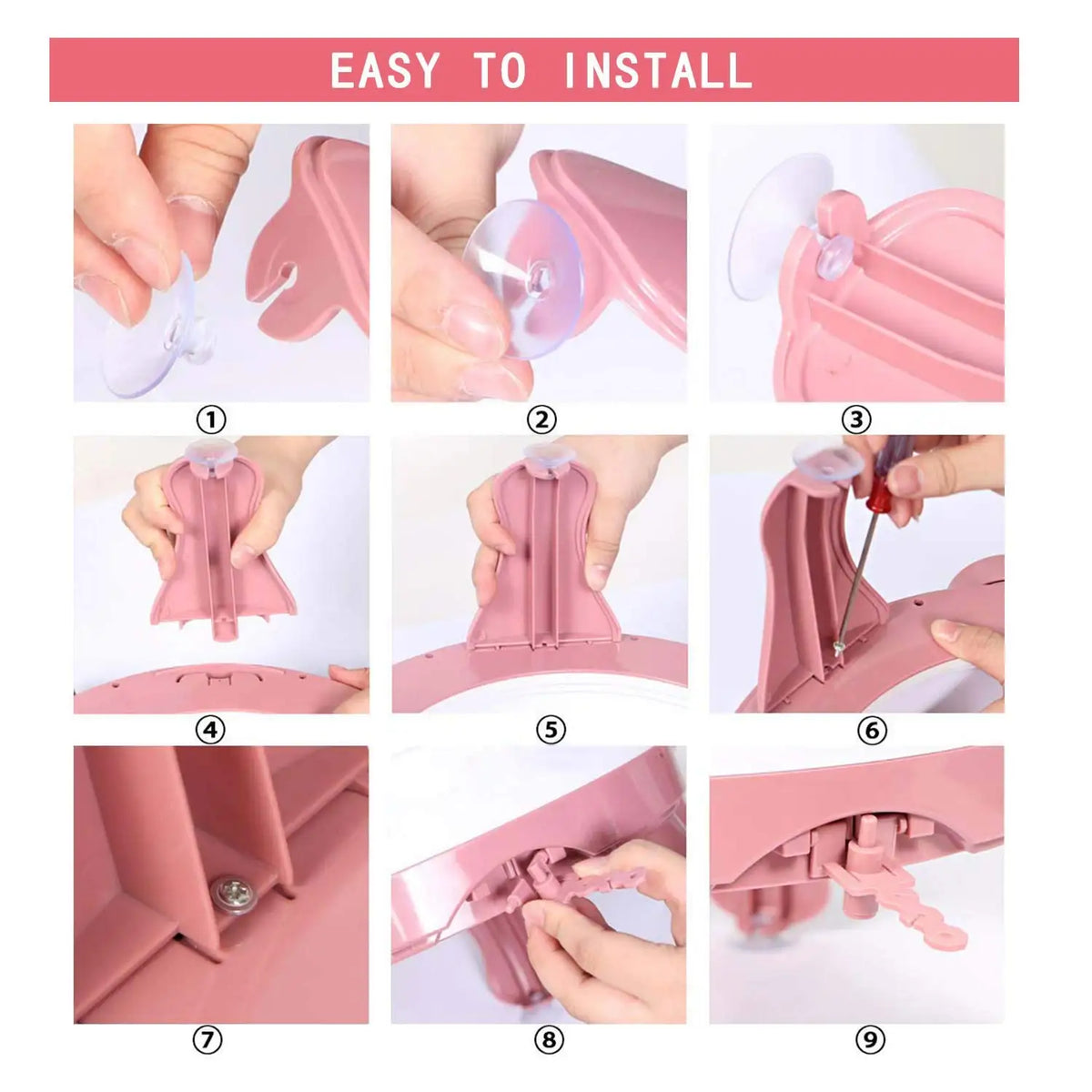 Step-by-step instructions showing how to easily install a pink manual knitting machine for textiles.