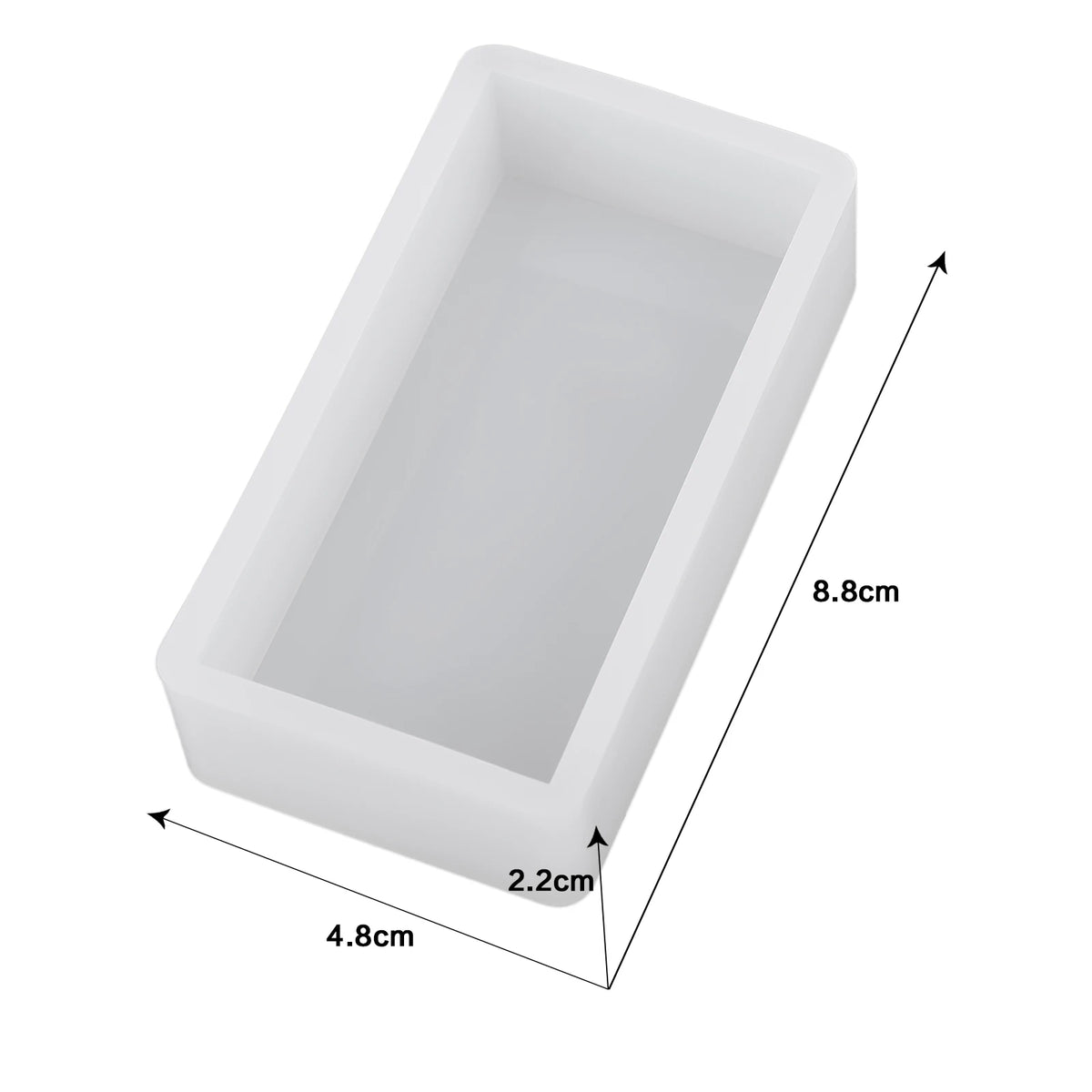 A white geometric resin casting mold with dimensions 8.8cm long, 2.2cm deep, and 4.8cm wide.