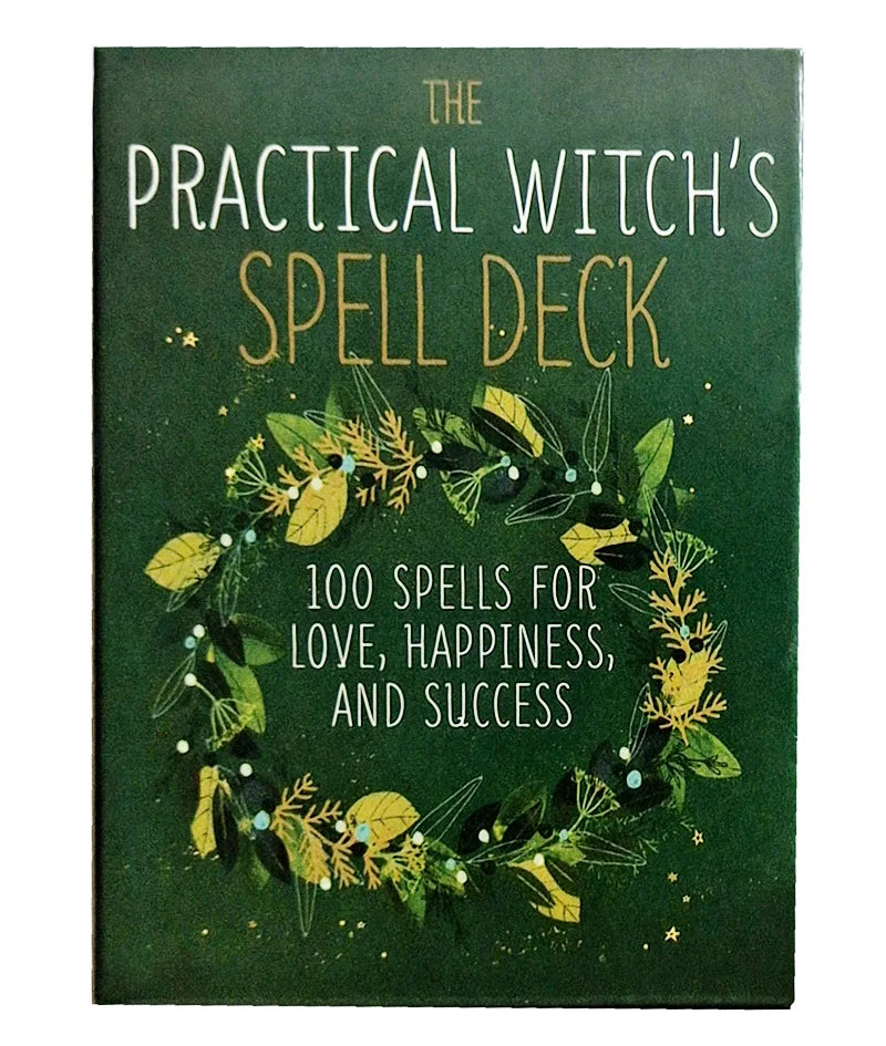 A dark green box for The Practical Witch's Spell Deck featuring a wreath of green and yellow foliage.