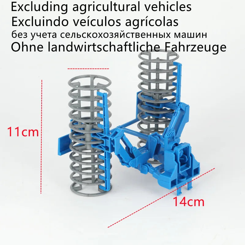 A blue remote control tractor model with a trailer and lights, shown from the side.