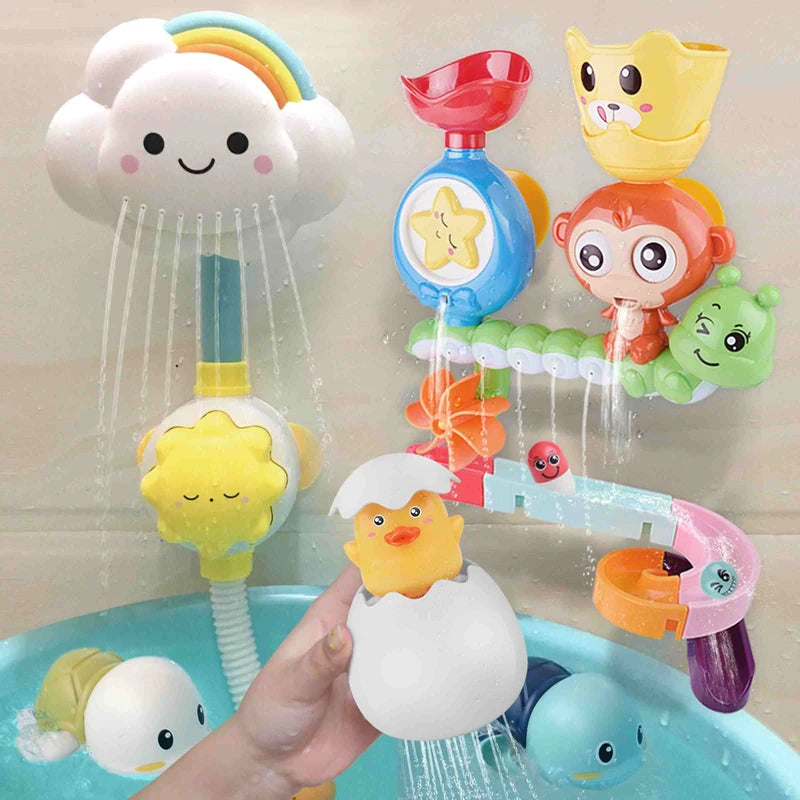 A hand is holding a cartoon monkey shower toy with water sprinkler for kids, featuring colorful plastic components and water 