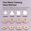 Wooden shape matching blocks including cruciform, triangle, square, hexagon, and corresponding screws and nuts.