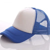 A light beige trucker hat with a blue mesh back and a royal blue curved brim.
